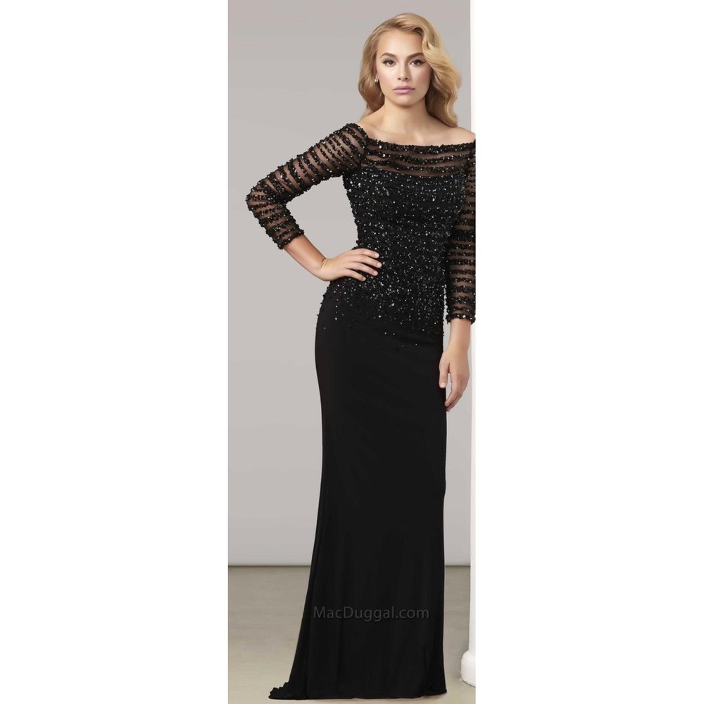 Mac Duggal Couture Black Sequin Off Shoulder Long Sleeve Evening Gown Dress 10